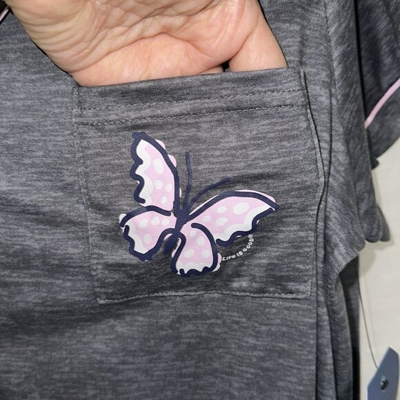 Life is Good L-XL Gray Pink Trim Notch Collar 2 pc Short Sleeve Top Pants PJ Set - Picture 12 of 16